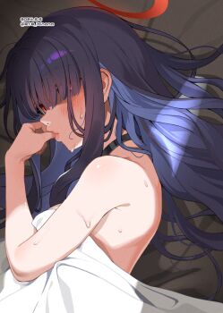 1girl bed_sheet black_choker black_hair blue_archive blush breasts choker dated halo highres itinana justice_task_force_member_(blue_archive) long_hair lying on_side red_eyes red_halo small_breasts solo sweat twitter_username
