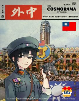 1girl black_hair breast_pocket chinese_commentary collar_tabs commentary cover crowd dahat_ouo english_commentary english_text fake_magazine_cover gun handgun hat highres holding holding_gun holding_weapon kuomintang magazine_cover mauser_c96 medal military_uniform mixed-language_commentary islam original peaked_cap photo_background pistol pocket propaganda real_world_location republic_of_china_flag semi-automatic_pistol soldier taipei taiwan weapon