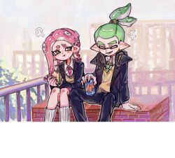 Rule 34 | +++, 1boy, 1girl, agent 3 (splatoon), agent 8 (splatoon), blazer, blue jacket, blue pants, blue skirt, blush, can, closed eyes, closed mouth, collared shirt, commentary, drink can, eating, fang, film grain, food, green eyes, hair ornament, hair tie, hairclip, headphones, headphones around neck, holding, holding can, holding food, inkling, inkling boy, inkling player character, jacket, long hair, long sleeves, looking at another, necktie, nintendo, octoling, octoling girl, octoling player character, open clothes, open jacket, open mouth, pants, pink necktie, pleated skirt, pointy ears, ponytail, pout, puff of air, red hair, sandwich, school uniform, shirt, short hair, sitting, skirt, socks, splatoon (series), suction cups, sweater vest, tentacle hair, thenintlichen96, thick eyebrows, white shirt, white socks, yellow eyes, yellow sweater vest