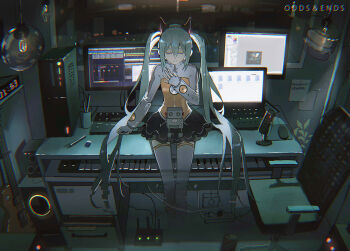 1girl alarm_clock aqua_hair black_skirt bodysuit cable cd chair clock closed_eyes commentary computer computer_mouse computer_tower desk digital_clock digital_dissolve electrical_outlet eraser facing_viewer fingerless_gloves frilled_skirt frills glitch gloves hair_ornament hand_on_own_chest hard_drive hatsune_miku hatsune_miku_(heartbeat) headgear headphones hologram instrument keyboard_(instrument) laptop layered_skirt light_bulb lococo:p long_hair microphone miniskirt mousepad_(object) odds_&amp;_ends_(vocaloid) office_chair painttool_sai paper pen plant pleated_skirt robot router shelf sitting sitting_on_lap sitting_on_person skirt smile solo song_name speaker swivel_chair thighhighs twintails very_long_hair vocaloid white_gloves white_thighhighs zettai_ryouiki
