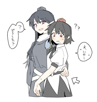 Rule 34 | 2girls, ?, ??, arrow (symbol), black coat, black skirt, blue dress, blue hair, blue hat, blush, breasts, brown hair, coat, collared shirt, commentary request, dress, hand on another's waist, hat, iizunamaru megumu, long hair, long sleeves, missing wings, multiple girls, pointy ears, puffy short sleeves, puffy sleeves, red eyes, red hat, sakic43899, shameimaru aya, shirt, short sleeves, skirt, sleeveless, sleeveless coat, smile, speech bubble, surcoat, sweatdrop, tokin hat, touhou, translated, white shirt, yuri