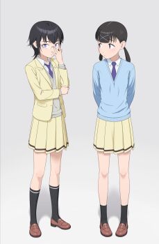 2girls absurdres adjusting_eyewear arms_behind_back black_hair black_socks blazer blue_sweater blunt_bangs brown_eyes brown_shoes closed_mouth collared_shirt commentary_request expressionless glasses grey_sweater hair_ornament hand_on_eyewear hand_on_own_arm hand_up highres ichikawa_masahiro itou_hikari jacket kneehighs komiyama_kotomi loafers long_hair long_sleeves looking_at_another looking_at_viewer looking_to_the_side medium_hair miniskirt multiple_girls necktie open_clothes open_jacket paid_reward_available pleated_skirt purple_eyes purple_necktie school_uniform shirt shoes skirt socks standing sweater twintails watashi_ga_motenai_no_wa_dou_kangaetemo_omaera_ga_warui! white-framed_eyewear white_shirt x_hair_ornament yellow_jacket yellow_skirt