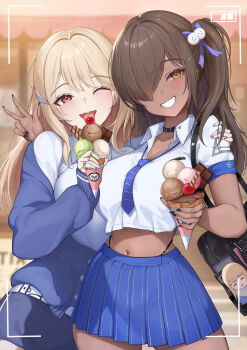2girls absurdres black_nails black_panties blue_cardigan blue_nails blue_necktie blue_skirt breasts brown_eyes brown_hair cardigan closed_mouth collared_shirt commentary_request dark-skinned_female dark_skin food goddess_of_victory:_nikke hair_over_one_eye highleg highleg_panties highres holding holding_food holding_ice_cream ice_cream large_breasts looking_at_viewer multiple_girls naga_(nikke) nail_polish necktie panties rakuri_(rwrn5475) shirt skirt smile tia_(nikke) underwear v white_shirt