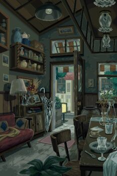 absurdly_detailed_composition animated animated_gif awning blinking book commentary couch cupboard dishes dithering flickering glass highres indoors isometric lamp loaded_interior no_humans on_couch open_door original photo_(object) picture_frame pillow pixel_art plant potted_plant rain scenery shelf table teapot transparent transparent_umbrella umbrella vase waneella