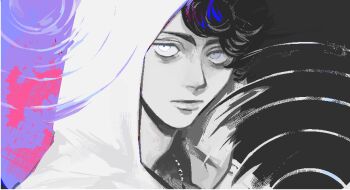 Rule 34 | 1boy, abstract, bags under eyes, black background, commentary, crosshatching, expressionless, hatching (texture), hood, hood up, hoodie, hypnosis mic, hypnosis mic: rule the stage, jewelry, limited palette, looking at viewer, male focus, necklace, portrait (object), purple background, ripples, short hair, sideways glance, solo, user ajrm3578, yagasaki ibuki