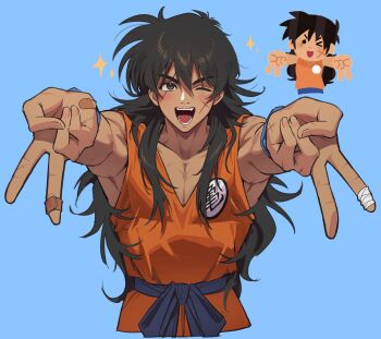 1girl bandaid bandaid_on_finger bandaid_on_hand black_hair blue_background collarbone commentary dark-skinned_female dark_skin dizim double_v dougi dragon_ball dragonball_z genderswap genderswap_(mtf) highres irasutoya long_hair multiple_views muscular muscular_female open_mouth simple_background teeth untranslatable_commentary v yamcha