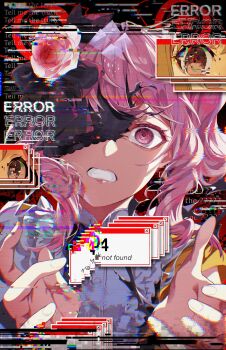 1girl 404 ? abstract_background aegyo_sal akiyama_mizuki bug_(vocaloid) chromatic_aberration digital_dissolve distortion english_text error_message extra_eyes frown glitch hands_up highres http_status_code looking_at_viewer one_eye_covered panicking pink_eyes pink_hair project_sekai red_background shirt shirushi_06 solo static torn_clothes user_interface white_shirt window_(computing) yellow_shirt