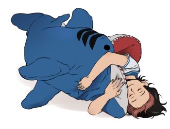 Rule 34 | 1girl, aged down, alternate hairstyle, black hair, brown hair, commentary, jojo no kimyou na bouken, kuujou jolyne, lying, morphin e, multicolored hair, on side, sailor collar, sailor shirt, shirt, sleeping, smile, solo, stone ocean, stuffed animal, stuffed shark, stuffed toy, symbol-only commentary, two-tone hair
