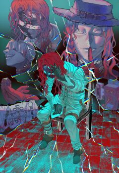 1boy absurdres aleph_(reverse:1999) bandaged_head bandages black_gloves black_hat black_mask black_shoes chair corded_phone covered_eyes covered_face cracked_background cracked_mask dice finger_to_mouth full_body gloves grey_mask hand_on_own_head hat head_down highres holding holding_dice long_hair male_focus merlin_(reverse:1999) multiple_views on_chair open_mouth pants phone polyhedral_dice red_gloves red_hair reverse:1999 scissors shirt shoes sitting smile syun_(ashenaurora) the_idealist_(reverse:1999) tile_floor tiles white_pants white_shirt