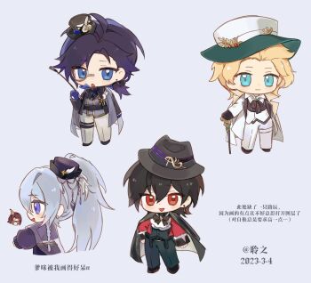 4boys :d :o ahoge aqua_eyes arm_at_side ascot ayn_alwyn ayn_alwyn_(whirling_whimsical_troupe) black_bow black_bowtie black_coat black_gloves black_hair black_hat black_pants black_ribbon black_shirt black_vest blonde_hair blue_eyes blue_gloves bow bowtie cael_anselm cael_anselm_(whirling_whimsical_troupe) cane cape character_doll chibi chibi_only chinese_commentary chinese_text clarence_clayden clarence_clayden_(whirling_whimsical_troupe) closed_mouth coat coat_on_shoulders collared_shirt commentary_request cropped_jacket cropped_legs curtained_hair doll earrings fedora floating floating_object full_body gloves green_hat grey_background grey_cape grey_pants grey_vest hair_between_eyes hair_bow hair_slicked_back hand_on_own_hip hat hat_feather hat_ornament head_chain heroine_(lovebrush_chronicles) high_ponytail highres holding holding_cane holding_riding_crop jacket jewelry lars_rorschach lars_rorschach_(whirling_whimsical_troupe) long_hair long_sleeves looking_at_object looking_at_viewer lovebrush_chronicles low_ponytail male_focus mini_hat mini_top_hat mole mole_under_eye monocle multiple_boys neck_ribbon open_clothes open_coat open_mouth pants parted_bangs ponytail puffy_long_sleeves puffy_sleeves purple_eyes purple_hair purple_hat purple_jacket raised_inner_eyebrows red_eyes red_jacket ribbon riding_crop see-through_cape see-through_clothes shirt short_hair simple_background single_earring sleeve_cuffs smile standing thigh_strap top_hat two-tone_hat vest white_ascot white_coat white_hair white_hat white_pants white_shirt white_vest yaoyao24363