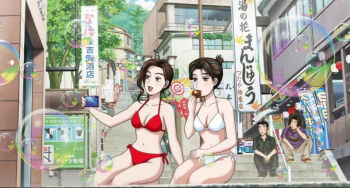 2boys 2girls armpits bare_legs belly bikini breasts bubble cleavage eating festival frilled_bikini frills initial_d lowleg lowleg_bikini medium_breasts multiple_boys multiple_girls nakazato_takeshi navel official_art phone public_indecency red_bikini satou_mako sayuki_(initial_d) shin_gekijouban_initial_d shouji_shingo swimsuit white_bikini