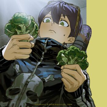 1boy 3: alternate_costume black_jacket broccoli closed_mouth copyright_notice dated eyewear_on_head food from_below green_eyes highres holding holding_food jacket kenmochi_touya male_focus nijisanji punk purple_hair short_hair sishuiloe_1994 skull_print solo sweatdrop track_jacket turtleneck turtleneck_jacket twitter_username upper_body v-shaped_eyebrows weapon_bag zipper zipper_pull_tab