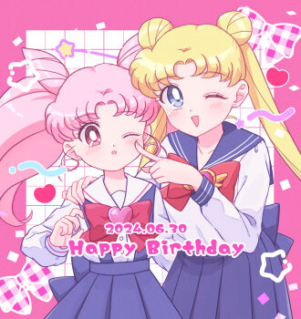 2024 2girls :d :o artist_request bishoujo_senshi_sailor_moon blonde_hair blue_eyes blush bow cheek_poking chibi_usa dated double_bun hair_bun happy_birthday heart highres mother_and_daughter multiple_girls one_eye_closed open_mouth pink_background pink_eyes pink_hair pink_theme poking sailor_chibi_chibi sailor_collar sailor_moon school_uniform skirt smile suspender_skirt suspenders tsukino_usagi white_background