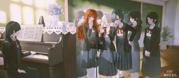 &gt;_&lt; 6+girls :o absurdres asymmetrical_bangs black_hair blunt_bangs blush bow bowtie cat chinese_commentary closed_mouth dress glasses green_hair hair_ornament hairband hairclip highres indoors instrument long_hair metronome multiple_girls open_mouth original piano pleated_dress red_bow red_bowtie red_eyes red_hair school_uniform semi-rimless_eyewear sheet_music short_hair sitting standing upright_piano vase watermark weibo_watermark white_hair yellow_eyes z3zz4