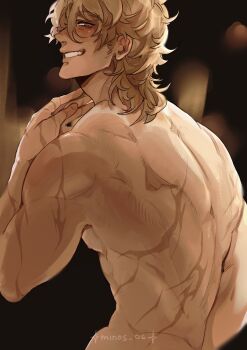 1boy absurdres arm_up bara blonde_hair commentary completely_nude cowboy_shot genshin_impact grin hair_behind_ear highres looking_at_viewer looking_back male_focus medium_hair minos_06 muscular muscular_male nude pectorals scar scar_on_back scar_on_hand sidepec smile solo symbol-only_commentary teeth varka_(genshin_impact)