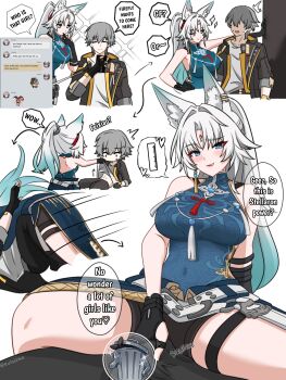 1boy 1girl absurdres animal_ears assertive_female blush breasts bulge caelus_(honkai:_star_rail) clothes_lift commentary english_commentary english_text erection erection_under_clothes feixiao_(honkai:_star_rail) fox_ears fox_girl heart hetero highres honkai:_star_rail honkai_(series) kabedon kulojawa large_breasts parted_bangs ruler shirt_lift spoken_heart straddling text_messaging trailblazer_(honkai:_star_rail) white_hair