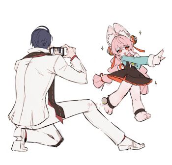 1boy 1girl ahoge animal_ear_fluff animal_ear_piercing animal_ears animal_feet anklet artist_name blue_hair braid braided_twintails bright_pupils damian_blackwood formal_clothes full_body furry furry_female galaxysilver green_shirt highres holding holding_phone jewelry long_hair on_one_knee open_mouth phone pink_fur pink_hair rabbit_ears rabbit_girl red_eyes screw selfie shirt shoes short_eyebrows short_hair simple_background sparkle suit thick_eyebrows white_background white_pupils white_shoes white_suit zenless_zone_zero zhao_(zenless_zone_zero)