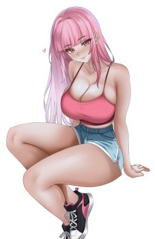 Rule 34 | 1girl, absurdres, alternate costume, blunt bangs, blush, breasts, camisole, cleavage, crossed ankles, denim, denim shorts, dolphin shorts, head tilt, helldeer, highres, hololive, hololive english, large breasts, long hair, looking at viewer, midriff, mori calliope, pink camisole, pink eyes, pink hair, shoes, short shorts, shorts, sitting, smile, sneakers, solo, straight hair, virtual youtuber
