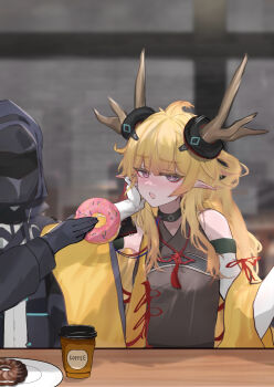 1girl absurdres antlers arknights black_gloves blonde_hair blush commentary_request cup disposable_coffee_cup disposable_cup doctor_(arknights) donut feeding food gloves highres hood hooded_coat horns leizi_(arknights) leizi_the_thunderbringer_(arknights) long_hair mebe_(teadia_violet) pointy_ears purple_eyes white_gloves