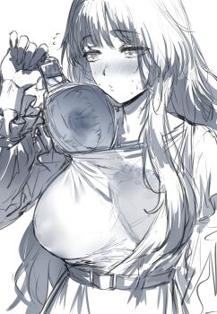 1girl belt blush bra breasts commentary covered_erect_nipples english_commentary flying_sweatdrops frilled_sleeves frills hand_up hews highres kaoru_hana_wa_rin_to_saku large_breasts long_hair long_sleeves looking_to_the_side monochrome parted_lips shirt sketch solo sweat underwear unfinished upper_body very_long_hair waguri_kaoruko