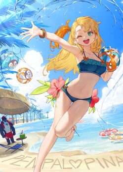 Rule 34 | 1boy, 1girl, absurdres, aqua eyes, armpits, ball, barefoot, beach, beach umbrella, beachball, bikini, blonde hair, blue sky, breasts, broguin, cloud, day, frilled bikini, frills, highres, horizon, lifeguard, long hair, medium breasts, multicolored hair, navel, ocean, official art, one eye closed, one side up, orange hair, outdoors, palm tree, pengin pina, penguin girl, prism project, rinotuna, sand, second-party source, shore, sky, smile, stomach, swimsuit, thigh gap, towel, tree, tropical, two-tone hair, umbrella, virtual youtuber, water