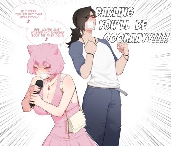 Rule 34 | 1boy, 1girl, absurdres, bag, blush, breasts, choker, cleavage, clenched hands, commentary, dress, drunk, emphasis lines, english commentary, english text, fang, gen 1 pokemon, hair horns, handbag, highres, holding, holding microphone, jewelry, karaoke, large breasts, legendary pokemon, long hair, luxu, mew (pokemon), microphone, music, mythical pokemon, necklace, nintendo, personification, pink choker, pink dress, pink hair, plunging neckline, pokemon, raglan sleeves, ring, short eyebrows, short hair, shouting, singing, skin fang, speech bubble