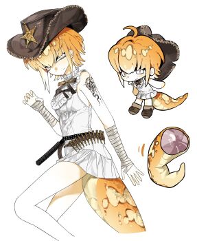 1girl ammunition_belt arm_wrap cowboy_hat dmdrk_(ha_ha) dress hat highres lizard_tail looking_at_viewer orange_hair original reptile_girl short_hair simple_background slit_pupils tail white_background white_dress white_eyes