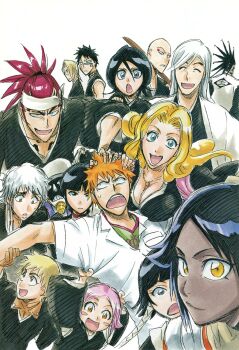abarai_renji annoyed bald_male black_hair bleach blonde_hair blue_eyes breasts brown_eyes chain chain_necklace closed_eyes closed_mouth dark-skinned_female dark_skin facial_mark grey_hair hair_ornament hand_on_another's_head happy headband hisagi_shuuhei japanese_clothes jewelry karakura_high_school_uniform kira_izuru kotetsu_isane kotetsu_kiyone kubo_tite kuchiki_rukia kurosaki_ichigo kurotsuchi_mayuri kurotsuchi_nemu kusajishi_yachiru large_breasts long_hair looking_at_viewer madarame_ikkaku matsumoto_rangiku medium_hair mole mole_under_mouth multiple_boys multiple_girls necklace number_tattoo official_art open_mouth orange_hair pink_hair pink_shawl ponytail pulling_another's_clothes purple_hair red_hair school_uniform second-party_source shawl shihakusho shihouin_yoruichi short_hair sidelocks simple_background smile spiked_hair sui-feng sword tattoo ukitake_juushirou weapon white_background white_hair wooden_sword yellow_eyes zaraki_kenpachi