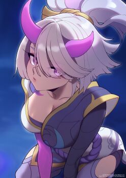 1girl akali breasts closed_mouth collarbone feet_out_of_frame grey_hair hair_between_eyes highres horns large_breasts league_of_legends long_sleeves looking_at_viewer multicolored_hair no_mask pink_eyes pink_hair pink_horns ponytail solo spirit_blossom_akali strongbana two-tone_hair watermark web_address white_hair