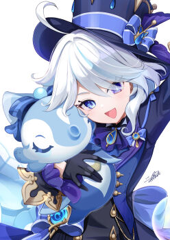 Rule 34 | 1girl, :d, ahoge, arm up, ascot, azuma yuki, black gloves, blue ascot, blue bow, blue eyes, blue hair, blue hat, blue jacket, bow, bubble, commentary request, drop-shaped pupils, furina (genshin impact), genshin impact, gloves, hat, hat bow, headdress, hetero, highres, holding, jacket, light blue hair, looking at viewer, multicolored hair, open mouth, signature, smile, solo, streaked hair, surintendante chevalmarin, symbol-shaped pupils, top hat, upper body, vision (genshin impact), white background, white hair