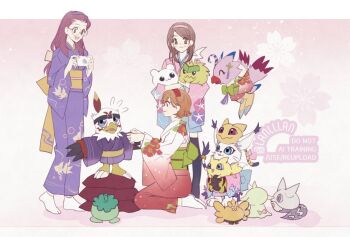 Rule 34 | 3girls, bird, brown hair, character request, commentary, digimon, digimon (creature), digimon adventure 02, full body, glasses, group picture, hawkmon, inoue miyako, japanese clothes, kimono, lanlllan, long hair, medium hair, multiple girls, pink kimono, piyomon, purple hair, purple kimono, round eyewear, short hair, tailmon, takenouchi sora, white kimono, yagami hikari