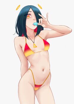1girl bikini black_hair breasts bright_pupils colored_inner_hair contrapposto cowboy_shot eating floating_headgear food food_in_mouth gradient_bikini headgear highleg highleg_bikini highres holding holding_food holding_popsicle jewelry looking_at_viewer medium_hair melting_popsicle multicolored_hair navel necklace orange_eyes original pink_hair popsicle popsicle_in_mouth red_bikini sexually_suggestive shaardy simple_background small_breasts solo stomach string_bikini swimsuit triforce variant_set white_background white_pupils yellow_bikini