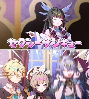 1boy 3girls aether_(genshin_impact) ahoge antlers black_hair blonde_hair blue_eyes blue_hair blush breasts character_request cheering cleavage closed_eyes closed_mouth columbina_(genshin_impact) commentary_request deer_antlers dress eye_mask genshin_impact hair_between_eyes hair_ornament hair_over_one_eye head_wings highres horns lauma_(genshin_impact) long_hair mask motion_blur multicolored_hair multiple_girls multiple_others nara_nakiri open_mouth out_of_frame pink_hair pointy_ears purple_hair sandrone_(genshin_impact) screaming smile streaked_hair translation_request two-tone_hair very_long_hair white_dress white_mask wings x-shaped_eyewear