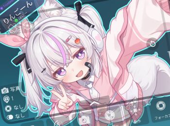 1girl :d animal_ear_fluff animal_ears apple_hair_ornament aqua_background aqua_outline arm_up bandaid bandaid_on_cheek bandaid_on_face belt_collar black_bow black_collar blush bow bright_pupils collar commission cowboy_shot cross_hair_ornament dutch_angle fang flat_chest food-themed_hair_ornament fox_ears fox_girl fox_tail hair_bow hair_ornament handheld_game_console hands_up headphones heart implied_extra_ears jacket jitome karin_(vrchat) kohaku_rinne layered_clothes leaning_forward light_blush looking_at_viewer miniskirt multicolored_hair necktie off_shoulder open_clothes open_jacket open_mouth outline pink_jacket pink_ribbon pink_shirt pink_streaks pixel_heart purple_eyes purple_streaks ribbon selfie shirt short_necktie sidelocks skeb_commission skin_fang skirt smile streaked_hair tail twintails user_interface v vrchat white_hair white_necktie white_pupils white_skirt wing_collar