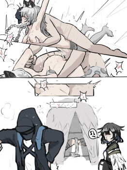 1boy absurdres aftersex animal_ears arch arknights arms_up blush breasts doctor_(arknights) grabbing_another's_arm grabbing_another's_breast groping highres kjera_(arknights) long_hair nipples nude pramanix_(arknights) sex sex_from_behind sweat tail tongue tongue_out whate=3r