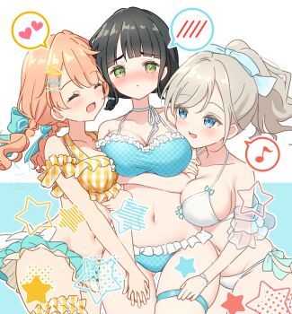 3girls :&lt; :d @_@ ^_^ absurdres arms_under_breasts bare_shoulders bikini bikini_skirt black_hair blue_background blue_bikini blue_ribbon blunt_bangs blush breasts ceras_yanagida_lilienfeld ceras_yanagida_lilienfeld_(swimsuit) closed_eyes closed_mouth collarbone colored_speech_bubble comiket_106 commentary eighth_note flustered frilled_bikini frills frown gingham_bikini girl_sandwich gluteal_fold green_eyes grey_hair hair_ornament hair_ribbon halterneck hanazora_satsuki heart heart_in_eye highres hinoshita_kaho hinoshita_kaho_(c106_swimsuit) large_breasts link!_like!_love_live! long_hair love_live! low_twintails medium_hair momose_ginko multi-tied_hair multiple_girls musical_note navel no_jacket nose_blush official_alternate_costume open_mouth parted_bangs person_between_breasts ponytail raised_inner_eyebrows ribbon sandwiched short_hair short_twintails side-tie_bikini_bottom side_part sidelocks simple_background smile speech_bubble spoken_blush spoken_heart spoken_musical_note standing star_(symbol) stomach string_bikini swimsuit symbol_in_eye thigh_strap twintails unmoving_pattern virtual_youtuber white_bikini x_hair_ornament