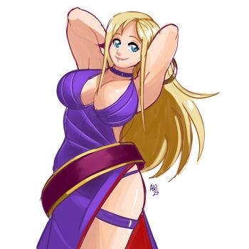 1girl b._jenet b.jenet belt blonde_hair blue_eyes bracelet breasts choker cleavage curvy dress fatal_fury fatal_fury:_city_of_the_wolves female_focus garou:_mark_of_the_wolves gold_bracelet hands_up highres jewelry large_breasts long_hair pale_skin panties phons0 purple_dress smile snk source_request the_king_of_fighters thick_thighs thigh_strap thighs underwear wide_hips