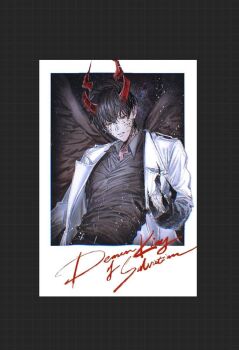 1boy belt black_hair black_wings character_name claws coat colored_extremities colored_veins commentary demon_horns feathered_wings hair_between_eyes half-closed_eyes hand_up highres horns kim_dokja light_particles looking_at_viewer male_focus official_alternate_costume omniscient_reader&#039;s_viewpoint open_clothes open_coat outside_border parted_lips photo_(object) short_hair sky sleeves_rolled_up solo space star_(sky) starry_sky symbol-only_commentary toupou39 twisted_torso white_coat wings