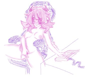 1girl @_@ blush breasts chair completely_nude computer_keyboard fake_horns female_masturbation fingering gaming_chair headphones headset horns large_breasts lynchboxu masturbation monochrome navel nipples nude open_mouth pixel_art plump pubic_hair q-chan_(yunyun_denpa_syndrome) short_hair simple_background sitting smile solo spread_legs swivel_chair watermark white_background yunyun_denpa_syndrome