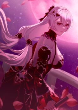 Rule 34 | 1girl, absurdres, bat hair ornament, black dress, breasts, commentary request, detached sleeves, dress, earrings, falling petals, full moon, hair ornament, highres, honkai (series), honkai impact 3rd, jewelry, large breasts, long hair, looking at viewer, luna (honkai impact), moon, night, night sky, petals, red eyes, sky, solo, very long hair, white hair, ypa918