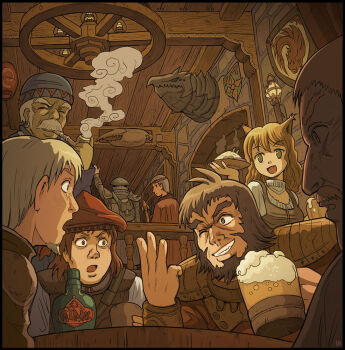 1girl alcohol animal_ears armor bad_link bar_(place) barmaid barrel beer beer_mug bottle breasts cat_ears cat_girl chandelier counter cup earrings fantasy felarya foam food hat holding holding_cup holding_food holding_smoking_pipe indoors jewelry karbo mug multiple_boys smoke smoking_pipe stone_wall table tankard tavern wooden_cup wooden_table