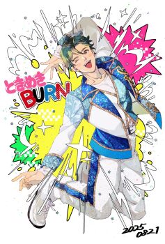 1boy arm_behind_head blue_eyes commentary_request dated explosion gold_trim green_hair highres idol_clothes jacket jumping king_of_prism looking_at_viewer male_focus niku_(onikujunjuwa) ok_sign open_clothes open_jacket open_mouth pants pretty_rhythm pretty_series shoes short_hair smile sneakers solo song_name sparkle takahashi_minato white_jacket white_pants white_shoes