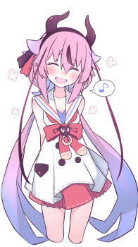1girl :d ^_^ arms_behind_back bare_shoulders black_bow black_hair black_hairband blue_hair blush bow bowtie breasts buttons cleavage closed_eyes colored_inner_hair commentary cropped_legs double-breasted double-parted_bangs dress facing_viewer fake_horns fang genderswap genderswap_(otf) gradient_hair gynoid_talk hair_between_eyes hair_bow hair_flaps hairband highres horn_hairband horns long_hair low_twintails meika_hime miniskirt multicolored_hair musical_note open_mouth pink_hair pleated_dress red_bow red_bowtie red_skirt sailor_collar short_dress sidelocks simple_background skirt sleeveless sleeveless_dress small_breasts smile solo spoken_musical_note standing streaked_hair sukenoota teeth twintails two-tone_bow upper_teeth_only very_long_hair vocaloid white_background white_dress white_sailor_collar