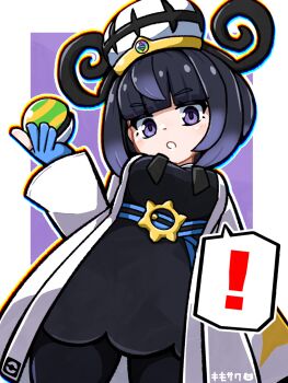 ! 1girl :o black_dress black_hair blue_gloves blunt_bangs coat dress gloves gwynn_(pokemon) highres holding holding_poke_ball kimosawa_(nxep3783) long_sleeves looking_at_viewer mega_stone nest_ball nintendo open_clothes open_coat open_mouth partially_fingerless_gloves poke_ball pokemon pokemon_legends:_z-a purple_eyes short_hair solo spoken_exclamation_mark white_coat