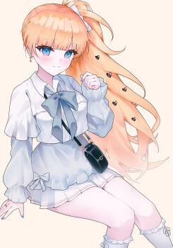 Rule 34 | 1girl, black bag, blonde hair, blue eyes, blue ribbon, blue skirt, blunt bangs, book off, bow, closed mouth, collared shirt, commentary request, earrings, feet out of frame, glazearty, hair bow, hand up, highres, invisible chair, jewelry, long hair, long sleeves, looking at viewer, mahou shoujo no majo saiban, mole, mole under eye, nail polish, neck ribbon, official alternate costume, official alternate hairstyle, ribbon, saeki miria, shirt, side ponytail, simple background, sitting, skirt, smile, socks, solo, white background, white bow, white shirt, white socks