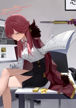 1girl aru_(blue_archive) black_skirt blue_archive brown_horns chair coat coat_on_shoulders commentary_request credit_card crossed_legs demon_horns dress_shirt fur-trimmed_coat fur_trim giving gloves gun h&amp;k_psg1 halo hand_on_own_leg high-waist_skirt highres holding holding_paper horns incoming_object indoors lao_tan_huacai long_hair long_sleeves looking_at_viewer neck_ribbon office_chair orange_halo paper parted_lips red_coat red_hair red_ribbon ribbon rifle shirt sitting sitting_on_table skirt sniper_rifle solo swivel_chair weapon white_gloves white_shirt whiteboard yellow_eyes