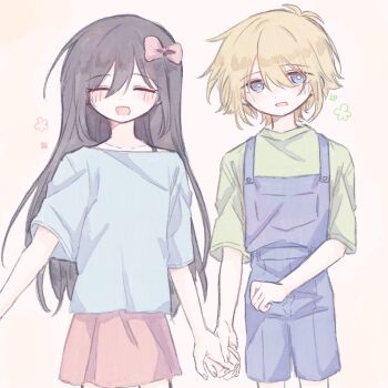 Rule 34 | 1boy, 1girl, aged down, alternate costume, antenna hair, aubrey (faraway) (omori), aubrey (omori), basil (faraway) (omori), basil (omori), black hair, blonde hair, blue eyes, blue overalls, blue shirt, blush, bow, bra strap, bright pupils, collarbone, commentary, double-parted bangs, green shirt, hair between eyes, hair bow, highres, holding hands, long hair, looking at viewer, mimi utlove, omori, open mouth, overall shorts, overalls, pink skirt, shirt, short hair, short sleeves, sidelocks, skirt, smile, t-shirt, white pupils