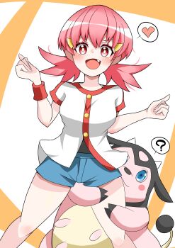 2girls 9ma_(9matohibari) ? absurdres bare_legs blush blush_stickers commentary curvy fang gen_2_pokemon gym_leader hair_ornament hairclip happy heart highres legs_apart long_hair low_twintails miltank multiple_girls nintendo open_mouth pink_eyes pink_hair pokemon pokemon_hgss shiny_skin short_shorts short_sleeves shorts simple_background smile twintails whitney_(pokemon) wide_hips