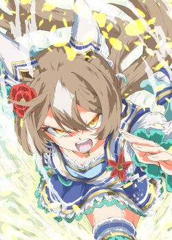 1girl animal_ears blue_hakama breasts brown_hair commentary_request ear_covers eye_trail flower glowing glowing_eye glowing_eyes hair_between_eyes hair_ornament hakama highres horse_ears horse_girl horse_tail japanese_clothes kimono light_trail long_hair long_sleeves looking_at_viewer low_ponytail multicolored_hair multicolored_kimono official_alternate_costume official_alternate_hairstyle open_mouth ponytail running satono_diamond_(floral_star_prosperous_green)_(umamusume) satono_diamond_(umamusume) solo streaked_hair tail teeth thighhighs umamusume white_kimono zukki_(bijitaru)