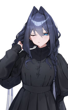 1girl absurdres black_dress blue_eyes blue_hair braid breasts closed_mouth commentary dress english_commentary hair_intakes hand_up highres hololive hololive_english juliet_sleeves large_breasts long_hair long_sleeves looking_at_viewer low_twin_braids maid official_alternate_costume official_alternate_hairstyle one_eye_closed ouro_kronii ouro_kronii_(maid) puffy_sleeves simple_background solo twin_braids victorian_maid virtual_youtuber white_background yoellim5
